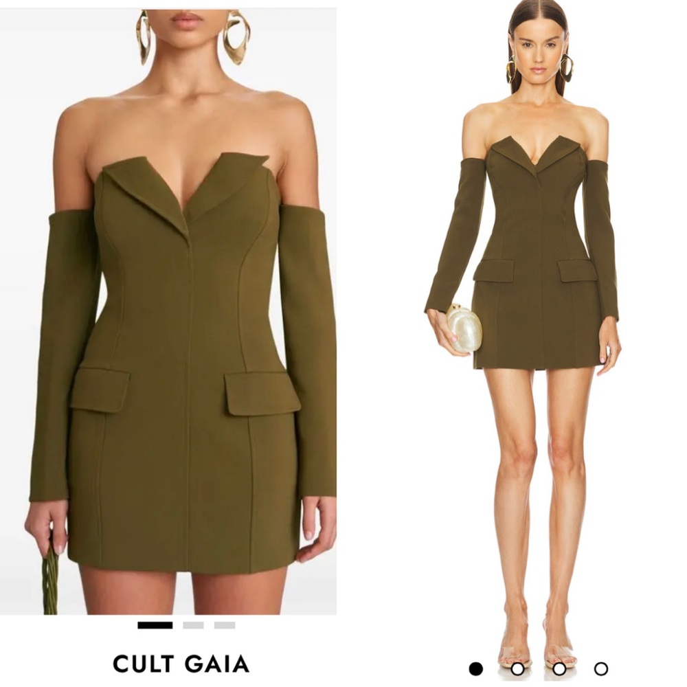 Cult Gaia Khaki Off-Shoulder Mini Dress